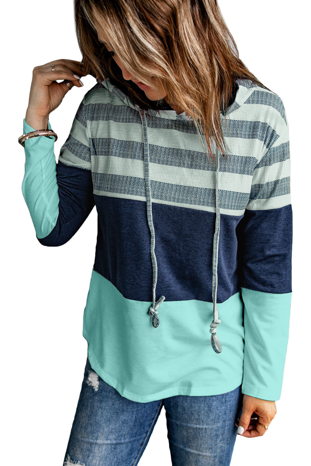 Navy Blue and White Stripes Pullover Hoodie for Women