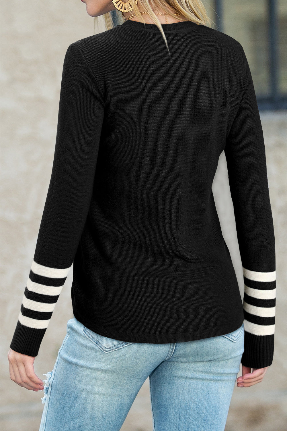 Red Casual Crew Neck Striped Sleeve Knit Sweater