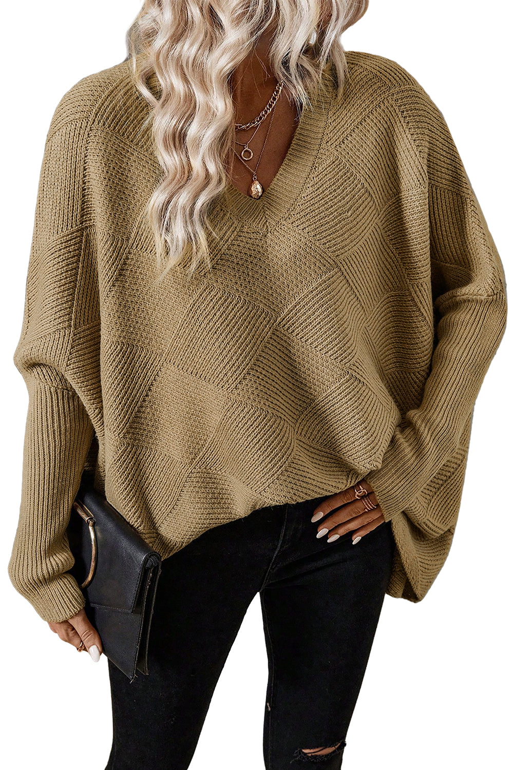 Camel Plain V Neck Batwing Sleeve Oversized Sweater