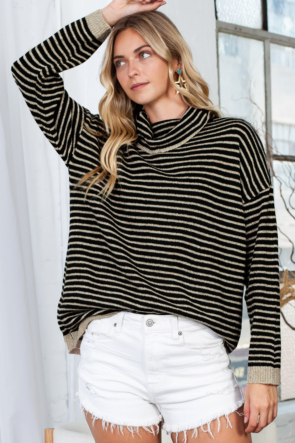 Khaki Striped Turtleneck Oversized Sweater