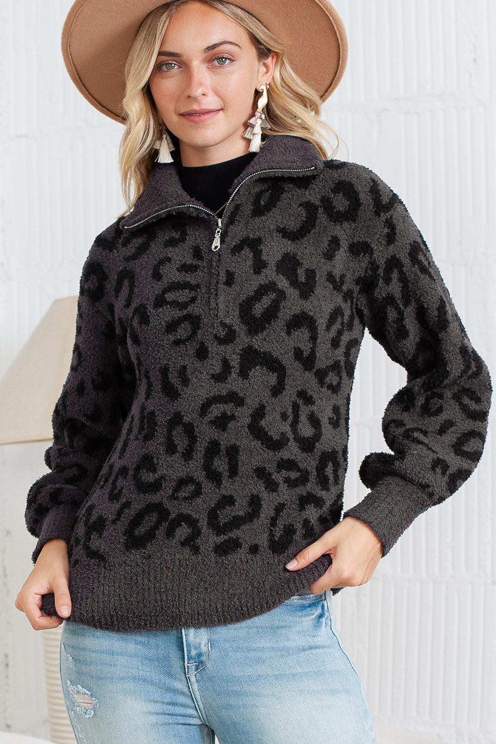 Gray Casual Animal Print Zipped Collared Sweater