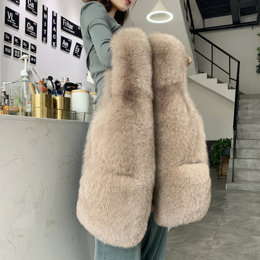 new faux fox fur vest women's mid-length fashion fur integrated fur coat vest