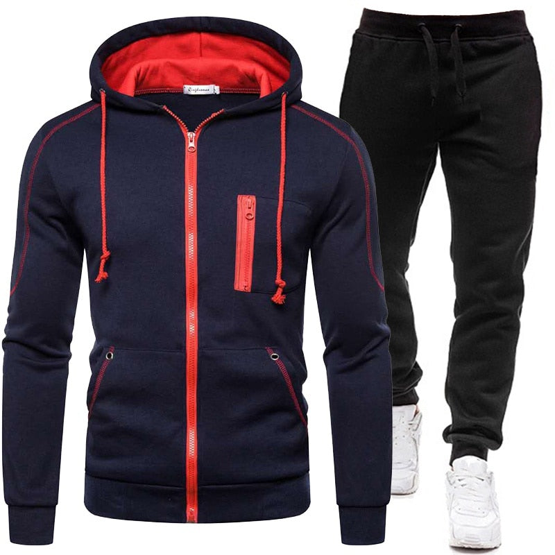 Winter Set Men Zipper Hoodies + Sweatpants 2 Piece Suit Hooded Casual Sets Male Clothes