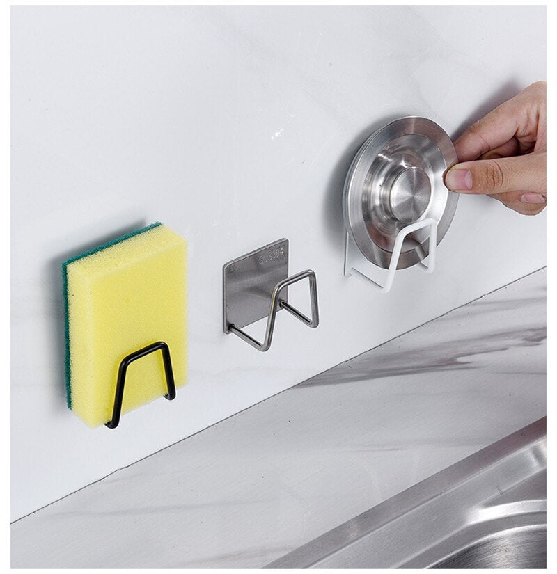 Stainless Steel Sponge Holder Rack Shelf Adhesive Kitchen Sink Organizer Bathroom Kitchen Dishcloth Holder for Towel Rag Hanger