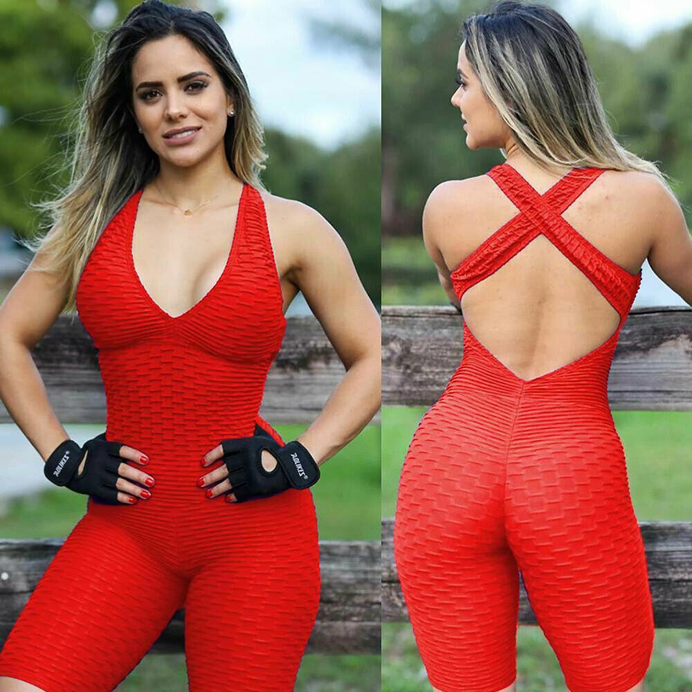 Sexy Backless Sport Bodysuits Women Fitness Jumpsuits V-neck Sleeveless Yoga SET