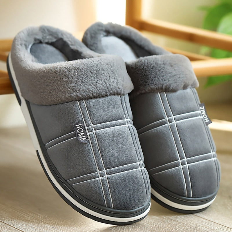 Plaid Men Shoes Winter Slippers Suede Gingham Plush Velvet Indoor Shoes for Men Warm