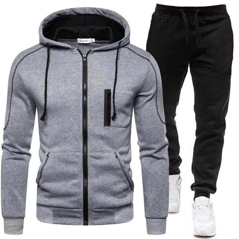 Winter Set Men Zipper Hoodies + Sweatpants 2 Piece Suit Hooded Casual Sets Male Clothes