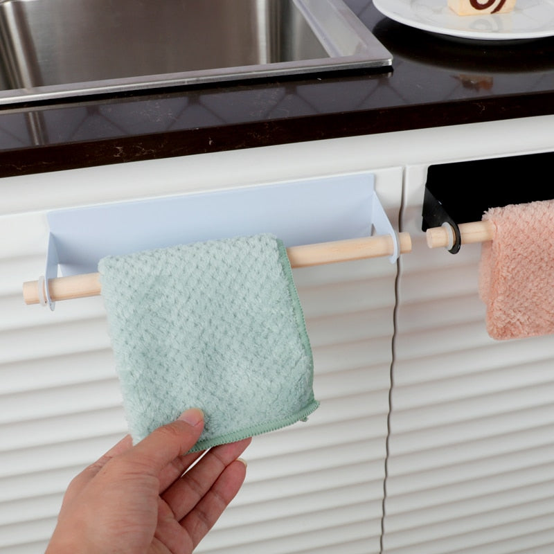 Bathroom Wood Towel Hanger Rack Bar Kitchen Cabinet Cling Film Rag Hanging Holder Organizer Toilet Roll Paper Holder Shelf