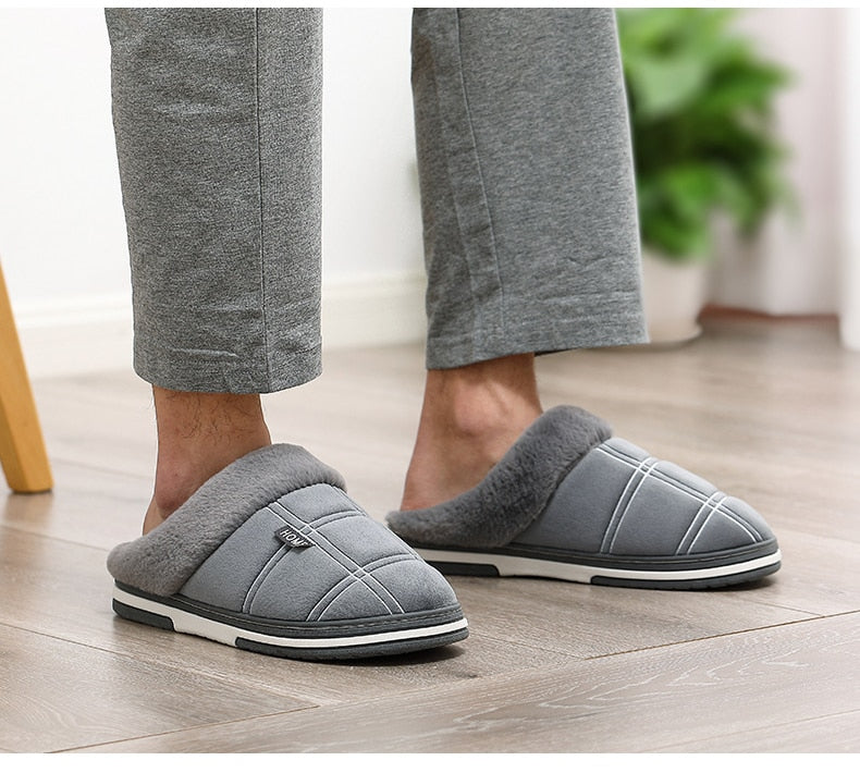 Plaid Men Shoes Winter Slippers Suede Gingham Plush Velvet Indoor Shoes for Men Warm