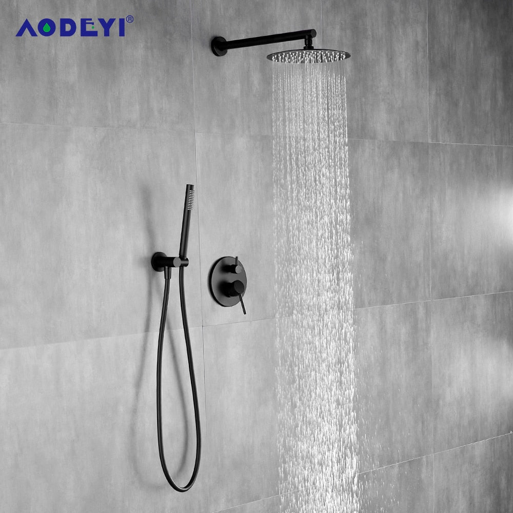 Brass Black Wall Mounted Bathroom Shower Set System Faucets Ceiling Overhead Rain 8-12&quot; Shower Head Bath Mixer Faucet