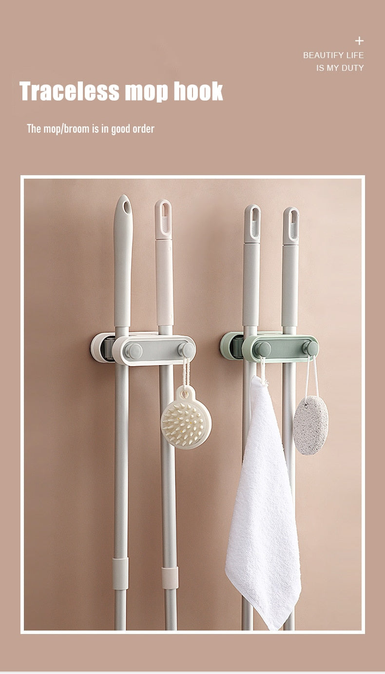 Wall Mounted Mop Organizer Holder Brush Broom Hanger Home Storage Rack Bathroom Suction Hanging Pipe Hooks Kitchen Shelf