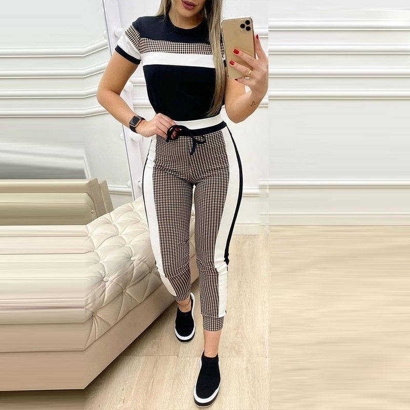 Fashion Women Sets Short Sleeve Tops High Waist Pants 2 Piece Sets Outfits Black Pattern Stitching Long Pants Sets Suit