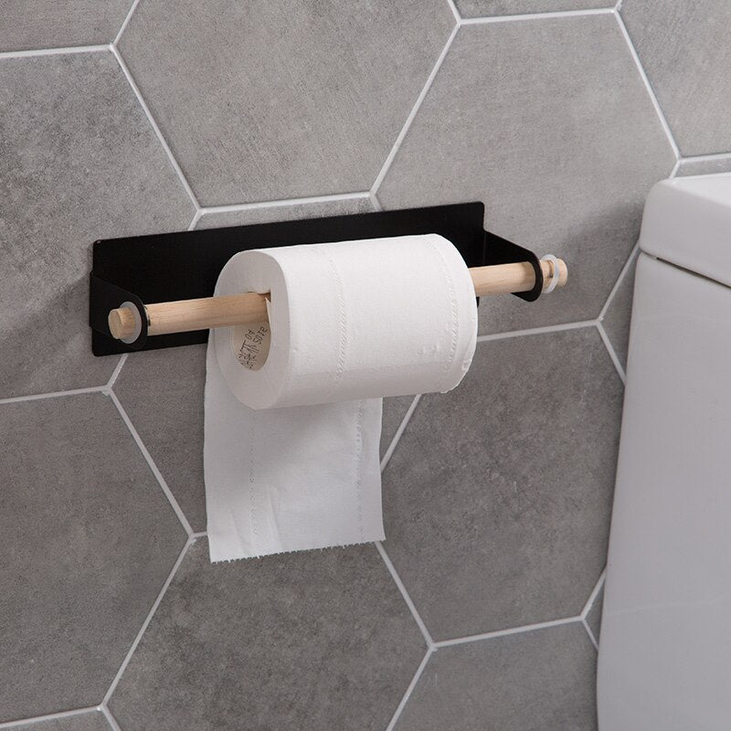 Bathroom Wood Towel Hanger Rack Bar Kitchen Cabinet Cling Film Rag Hanging Holder Organizer Toilet Roll Paper Holder Shelf