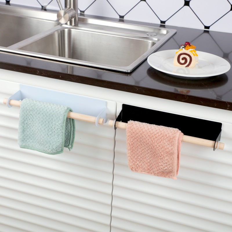 Bathroom Wood Towel Hanger Rack Bar Kitchen Cabinet Cling Film Rag Hanging Holder Organizer Toilet Roll Paper Holder Shelf