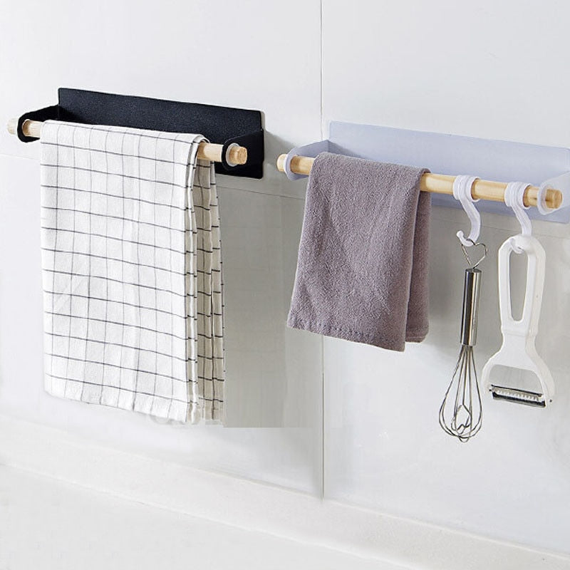 Bathroom Wood Towel Hanger Rack Bar Kitchen Cabinet Cling Film Rag Hanging Holder Organizer Toilet Roll Paper Holder Shelf