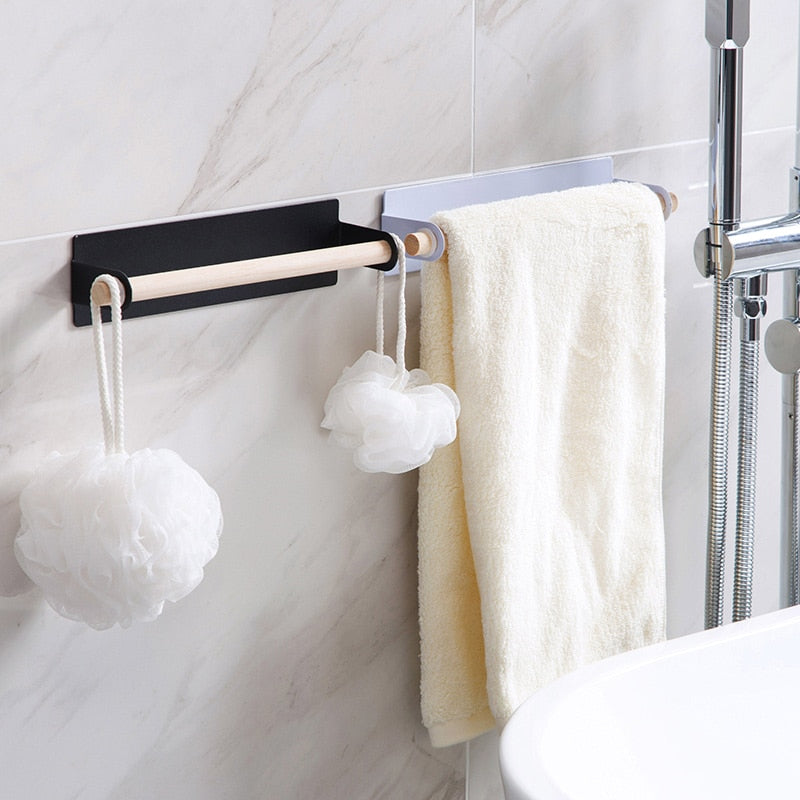 Bathroom Wood Towel Hanger Rack Bar Kitchen Cabinet Cling Film Rag Hanging Holder Organizer Toilet Roll Paper Holder Shelf