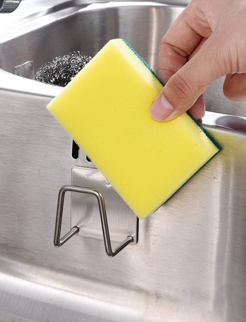 Stainless Steel Sponge Holder Rack Shelf Adhesive Kitchen Sink Organizer Bathroom Kitchen Dishcloth Holder for Towel Rag Hanger