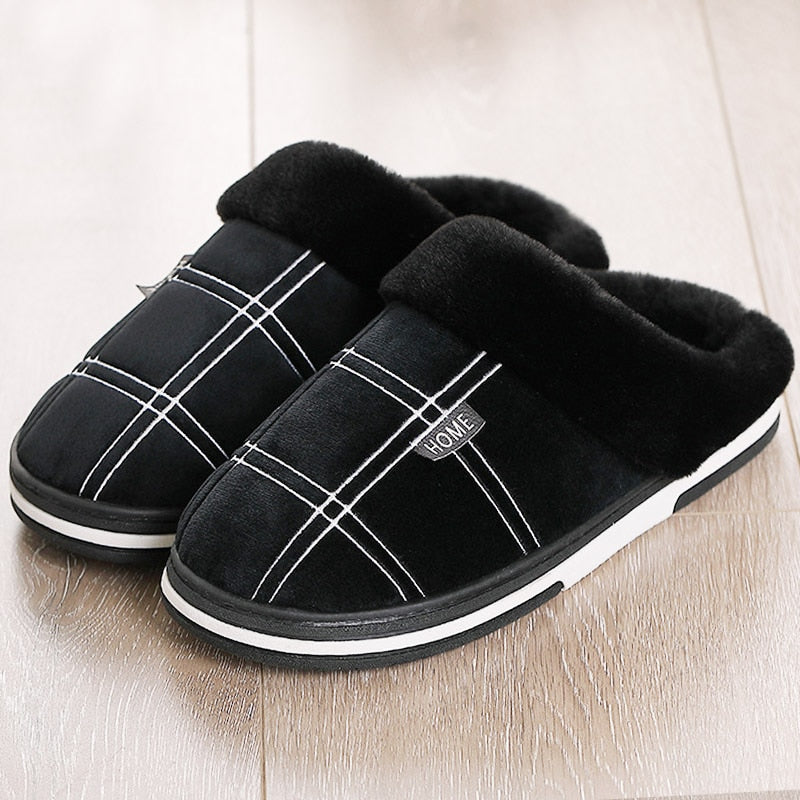 Plaid Men Shoes Winter Slippers Suede Gingham Plush Velvet Indoor Shoes for Men Warm