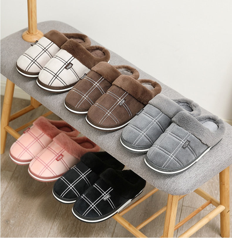 Plaid Men Shoes Winter Slippers Suede Gingham Plush Velvet Indoor Shoes for Men Warm