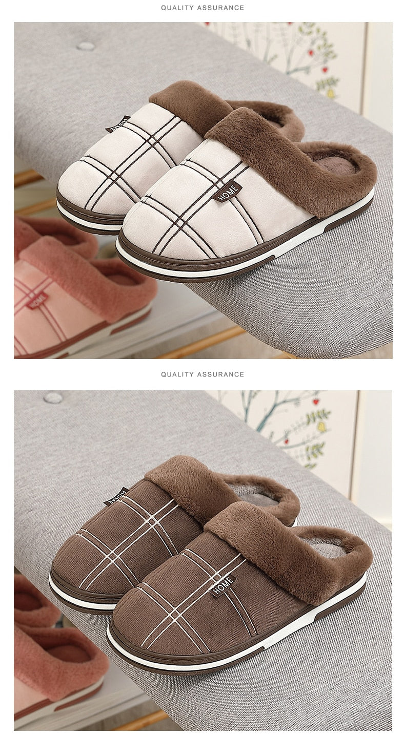 Plaid Men Shoes Winter Slippers Suede Gingham Plush Velvet Indoor Shoes for Men Warm