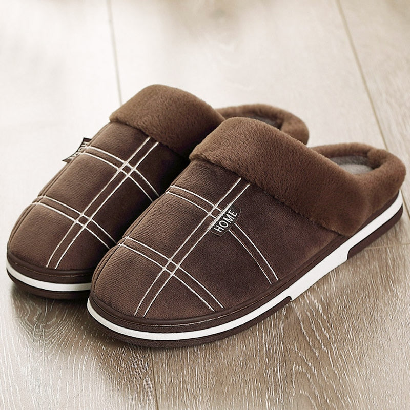 Plaid Men Shoes Winter Slippers Suede Gingham Plush Velvet Indoor Shoes for Men Warm