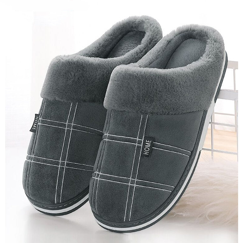 Plaid Men Shoes Winter Slippers Suede Gingham Plush Velvet Indoor Shoes for Men Warm