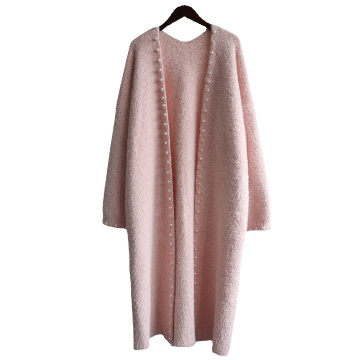 Beaded mink fleece knitted cardigan women's 2023 autumn and winter new long long Korean style loose design temperament jacket