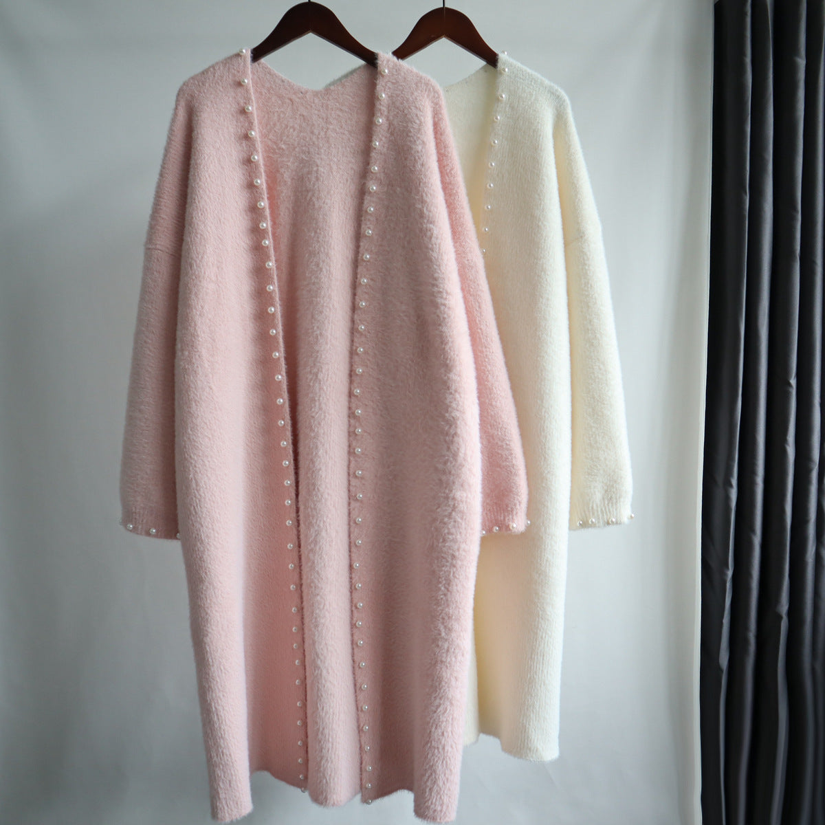 Beaded mink fleece knitted cardigan women's 2023 autumn and winter new long long Korean style loose design temperament jacket