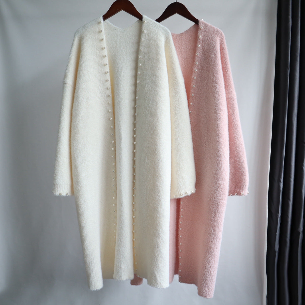 Beaded mink fleece knitted cardigan women's 2023 autumn and winter new long long Korean style loose design temperament jacket