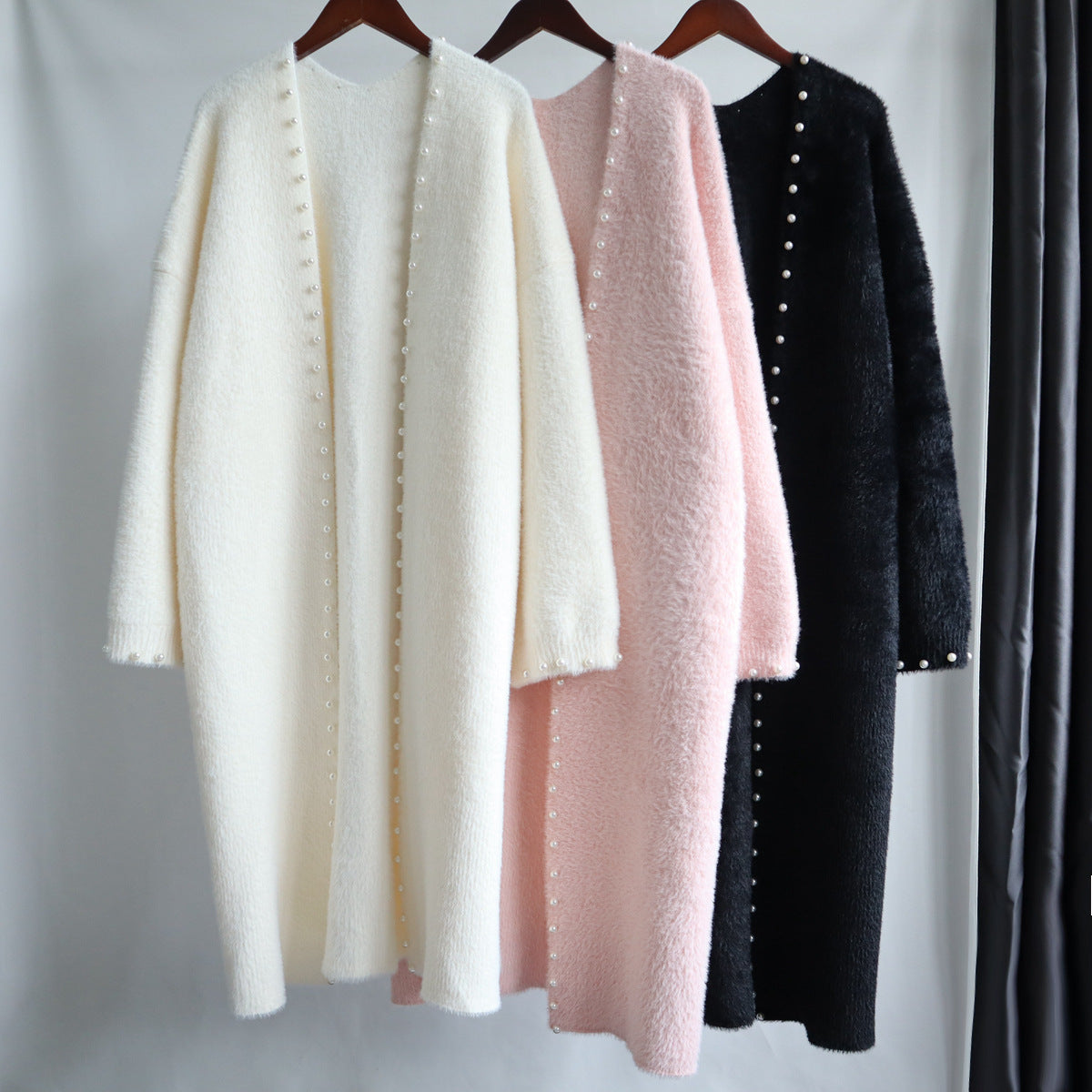 Beaded mink fleece knitted cardigan women's 2023 autumn and winter new long long Korean style loose design temperament jacket