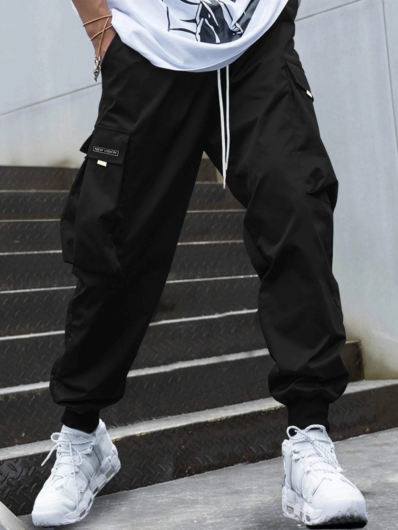 Letter Graphic Flap Pocket Drawstring Waist Cargo Pants