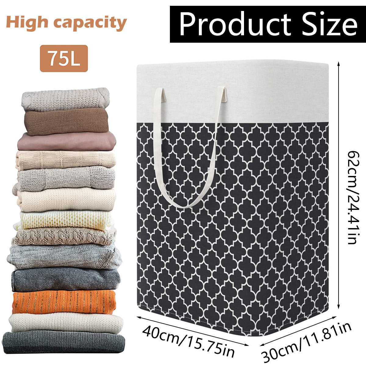 75/82L Large Capacity Laundry Basket Collapsible Laundry Storage Basket Waterproof Cotton Linen Laundry Hamper with Handles