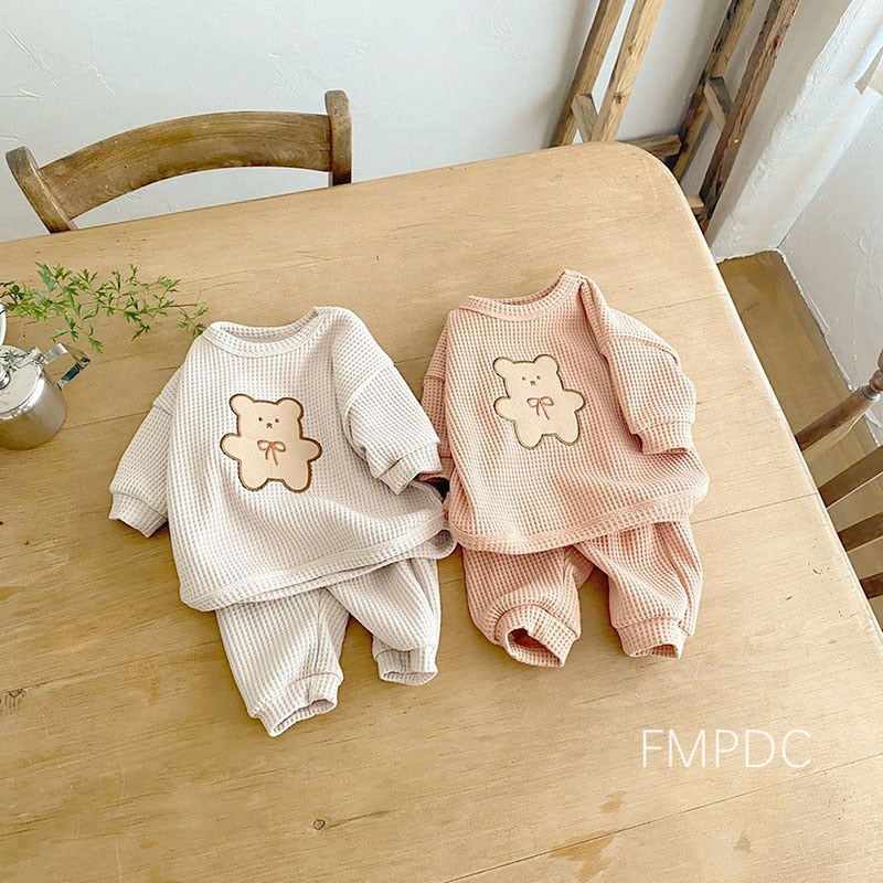 Children Casual Clothes Set Boys Girls Bear Sweatshirt + Pants 2pcs Suit Solid Color Cotton Kids Baby Outfits