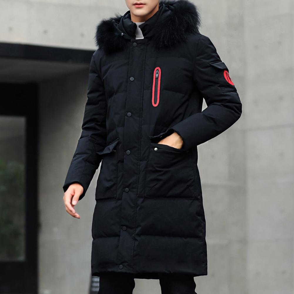 Men Hooded Jacket Cotton Padded Solid Color Long Sleeve Faux Fur Collar Overcoat