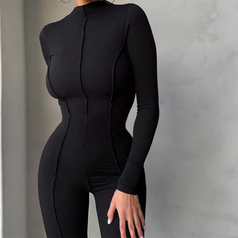 Bright Line Decoration Black Jumpsuit For Women One Piece