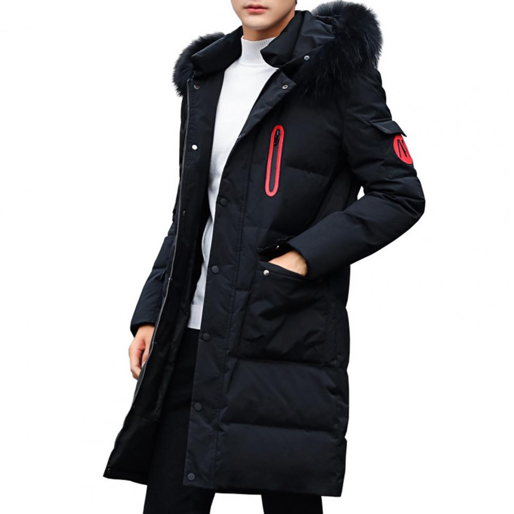 Men Hooded Jacket Cotton Padded Solid Color Long Sleeve Faux Fur Collar Overcoat