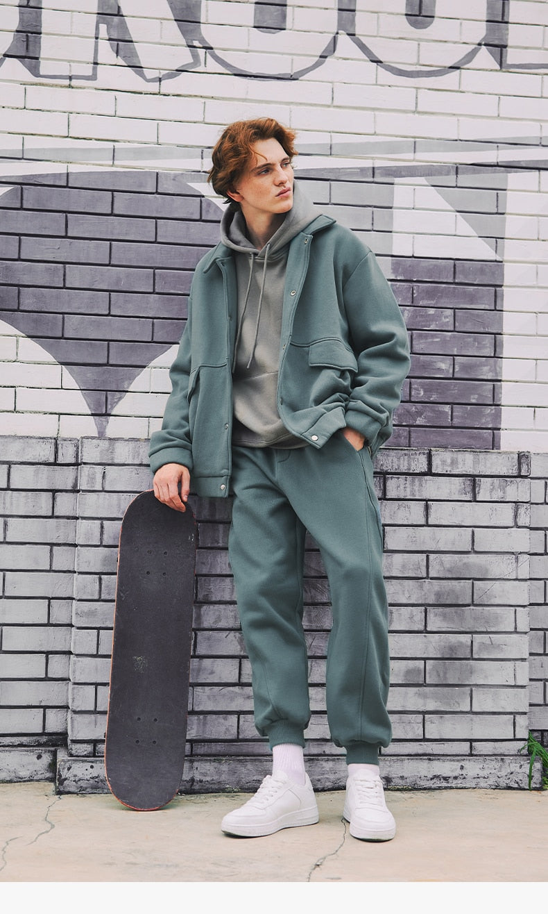 Winter Thick Fleece Cargo Jacket and Sweat pants Set