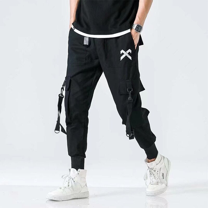 Hip Hop Streetwear Casual Men Ribbons Harem Jogging Pants Male Slim Fit Techwear Pockets Trousers