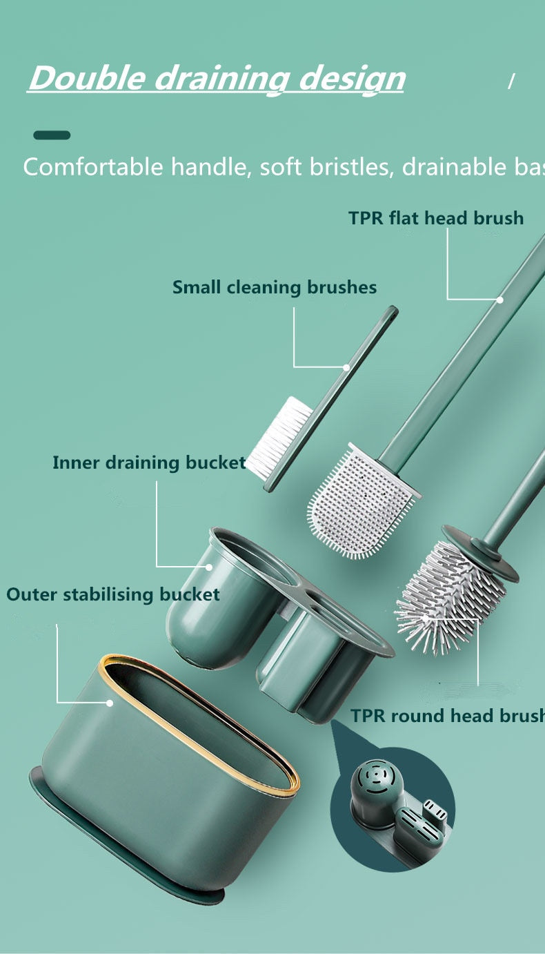 Toilet Brush Silicone Free Wall Mounted Multi-functional Three Piece Cleaning Tools with Bracket