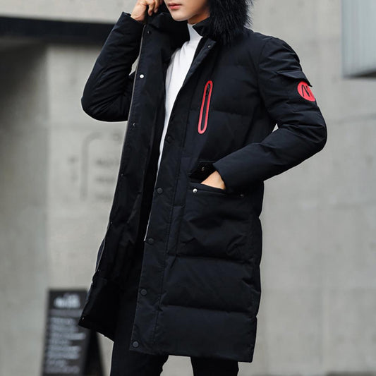 Men Hooded Jacket Cotton Padded Solid Color Long Sleeve Faux Fur Collar Overcoat