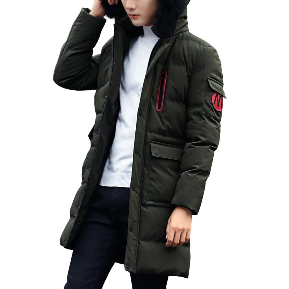 Men Hooded Jacket Cotton Padded Solid Color Long Sleeve Faux Fur Collar Overcoat