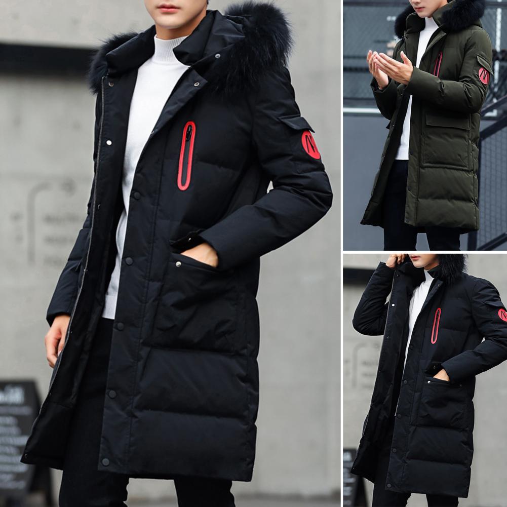 Men Hooded Jacket Cotton Padded Solid Color Long Sleeve Faux Fur Collar Overcoat