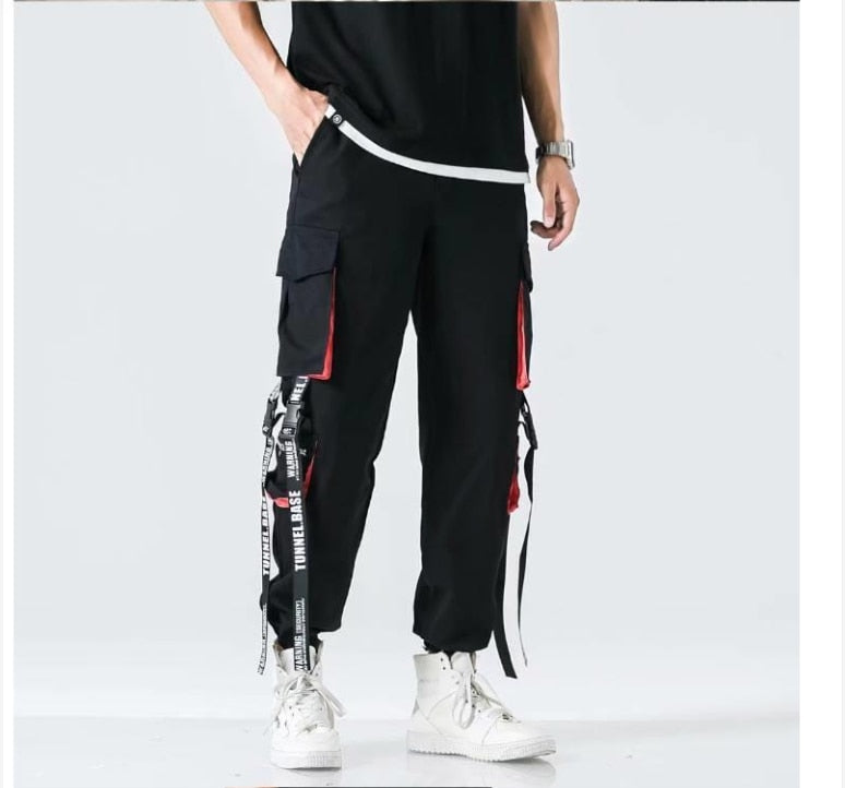 Hip Hop Streetwear Casual Men Ribbons Harem Jogging Pants Male Slim Fit Techwear Pockets Trousers