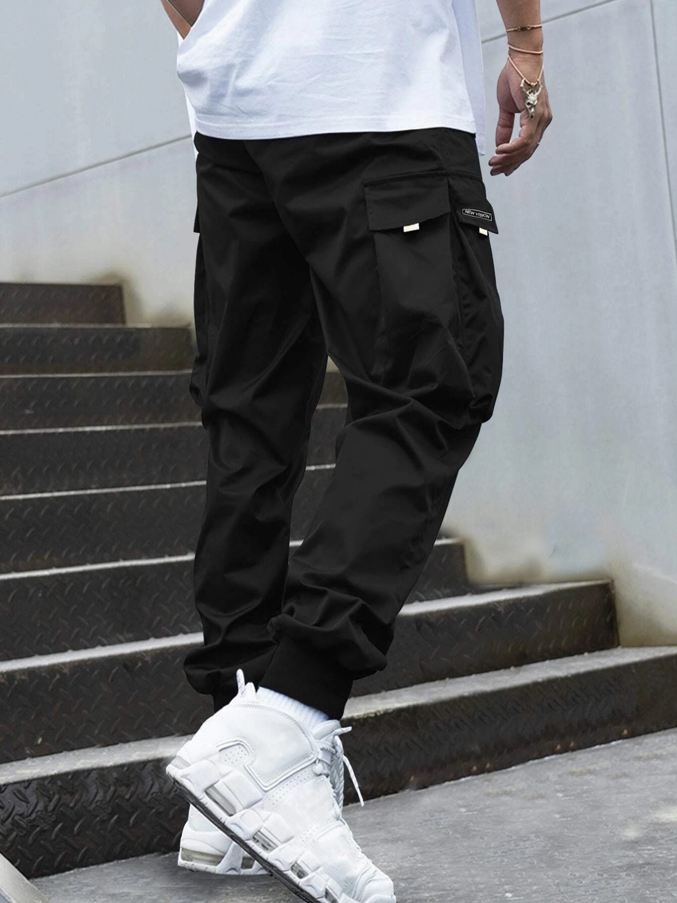 Letter Graphic Flap Pocket Drawstring Waist Cargo Pants