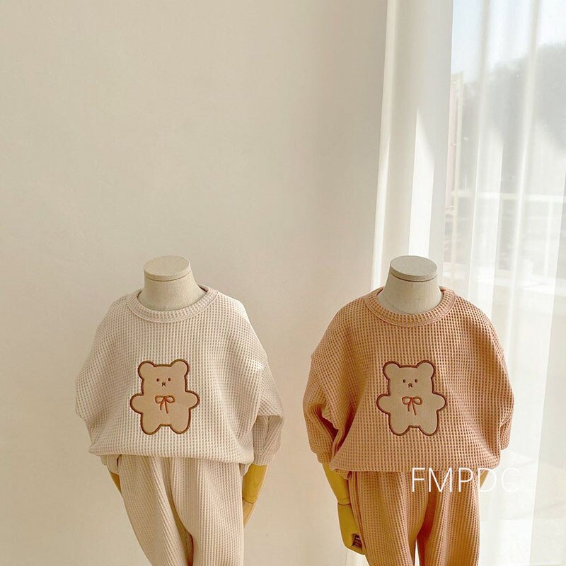 Children Casual Clothes Set Boys Girls Bear Sweatshirt + Pants 2pcs Suit Solid Color Cotton Kids Baby Outfits