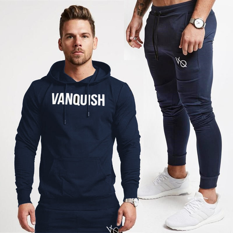 Men Cotton Pullover Hoodie Sweatpants Two Piece Jogger Gym Running Training Sportswear Men Clothing