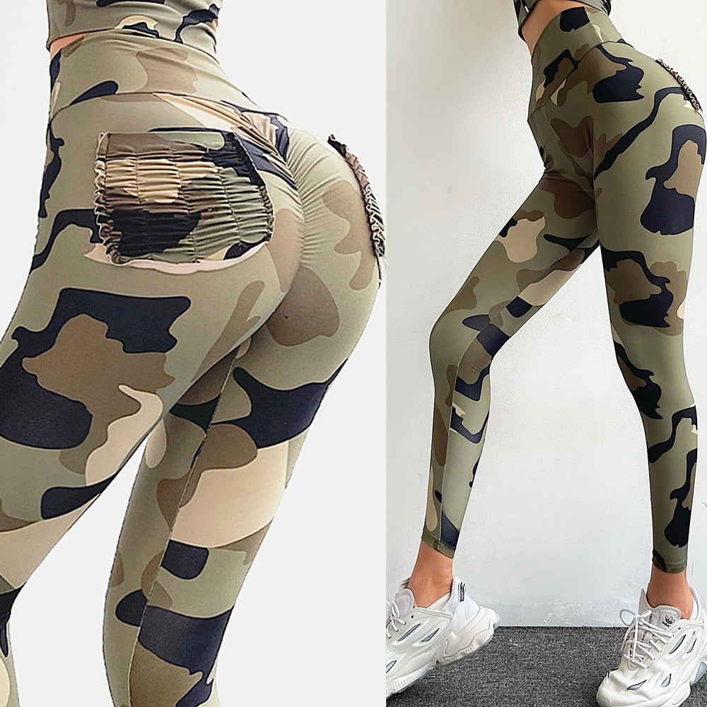 Peach Camo Pad Joga Stel Vroue Gym Fitness Scrunch Booty Leggings Sport Bra Gym Vroulike Broek Activewear Pakke