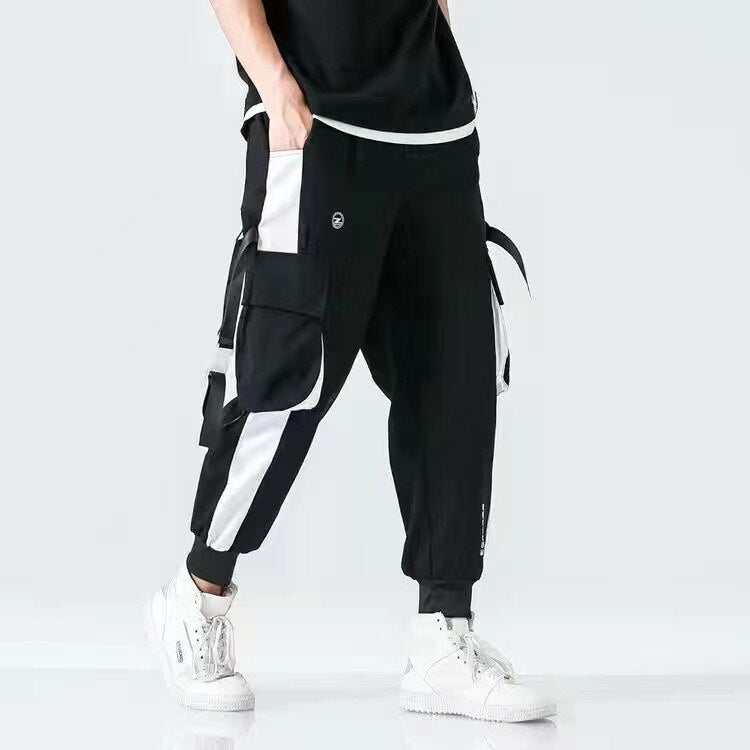 Hip Hop Streetwear Casual Men Ribbons Harem Jogging Pants Male Slim Fit Techwear Pockets Trousers