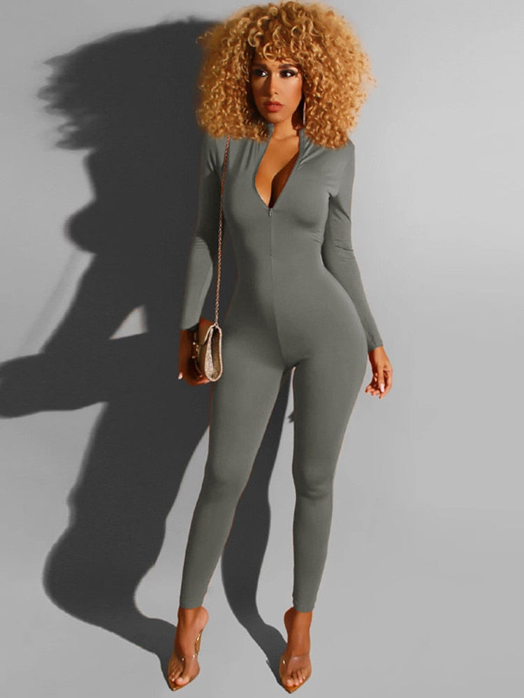 Casual Zipper One Piece Overall Casual Workout Skinny Bodysuit