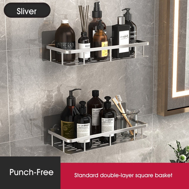 Punch-free Bathroom Shelf Shelves Wall Mounted Shampoo Storage Rack For Kitchen Holder Square Aluminum Bath Organizer Accessorie